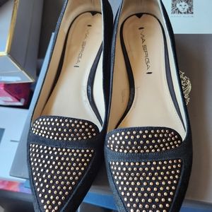 Women's Via Spiga black suede hold studed flats, Size 7M.